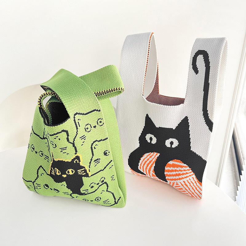 Damen-Handgelenktasche mit Knoten, handgefertigt, gestrickt, tragbar, Mini, gestreift, Tragetasche, Eimer, Handytasche, große Kapazität, Herbst-/Winterhandtaschen