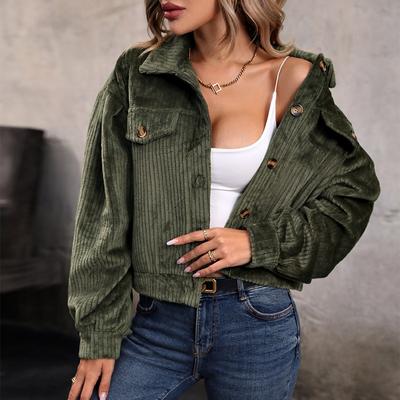 Podzim a zima Teplý plyš Ležérní Dámská Bunda Móda Jednobarevné Dámské Zelené Bundy Elegantní Knoflíček Vintage Dámské Kabáty 24700