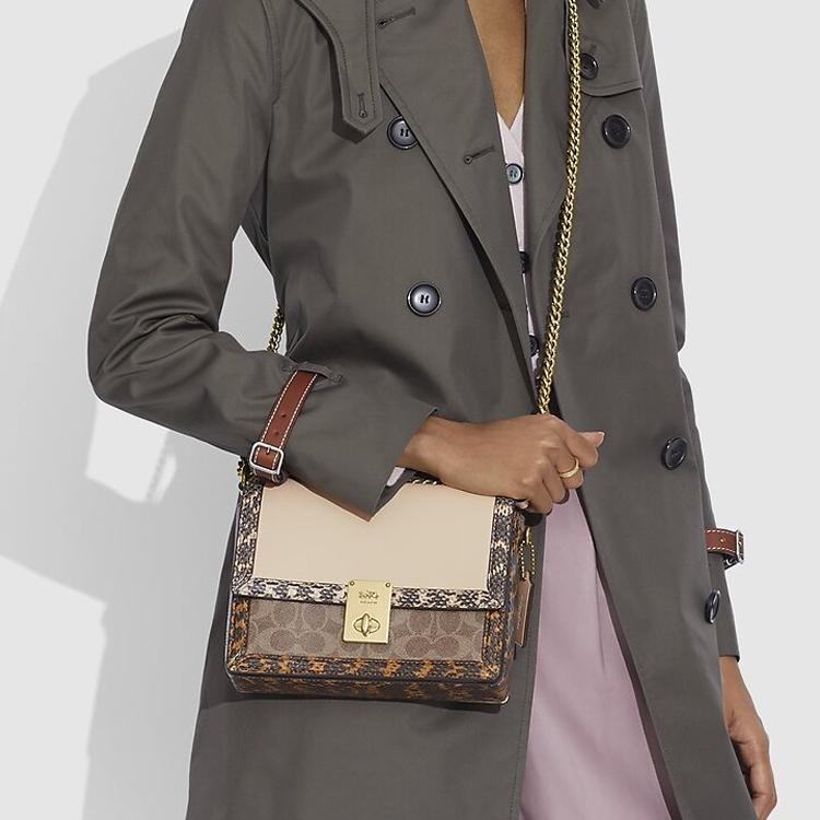 Coach Hutton 22 Lock Closure Internal Zipper Multi-Purpose Pocket Coated Canvas With Calfskin And Snake Skin Shoulder Crossbody Bag Small C2584-B4SBI