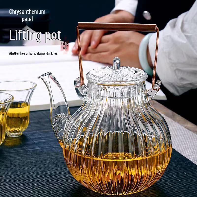 Chrysanthemum Petal High Borosilicate Glass Teapot Set with Copper Handle