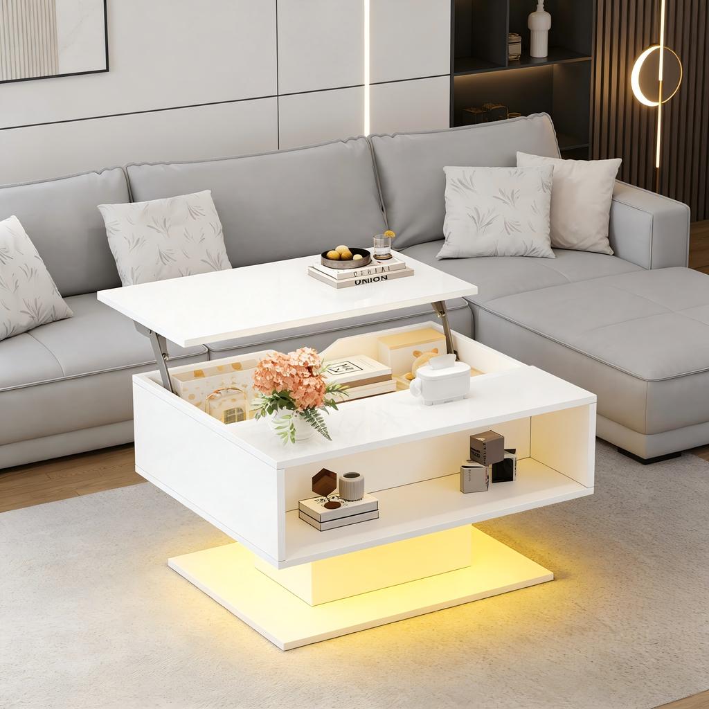 80*75*40cm Coffee Table with Hydraulic Lift, High-Gloss Sofa Table, Living Room Table with Storage, Semi-Open Storage, White