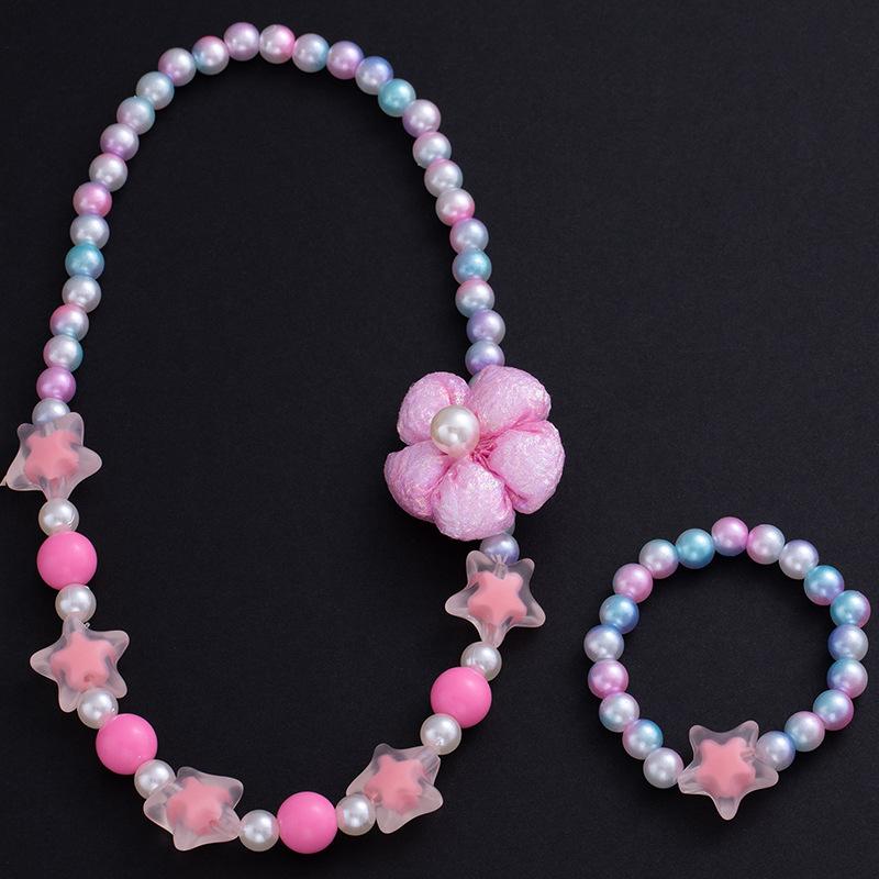 Boys And Girls Baby Princess Candy Color Beaded Necklace Bracelet Set Flower Pearl Bow Dress Accessories