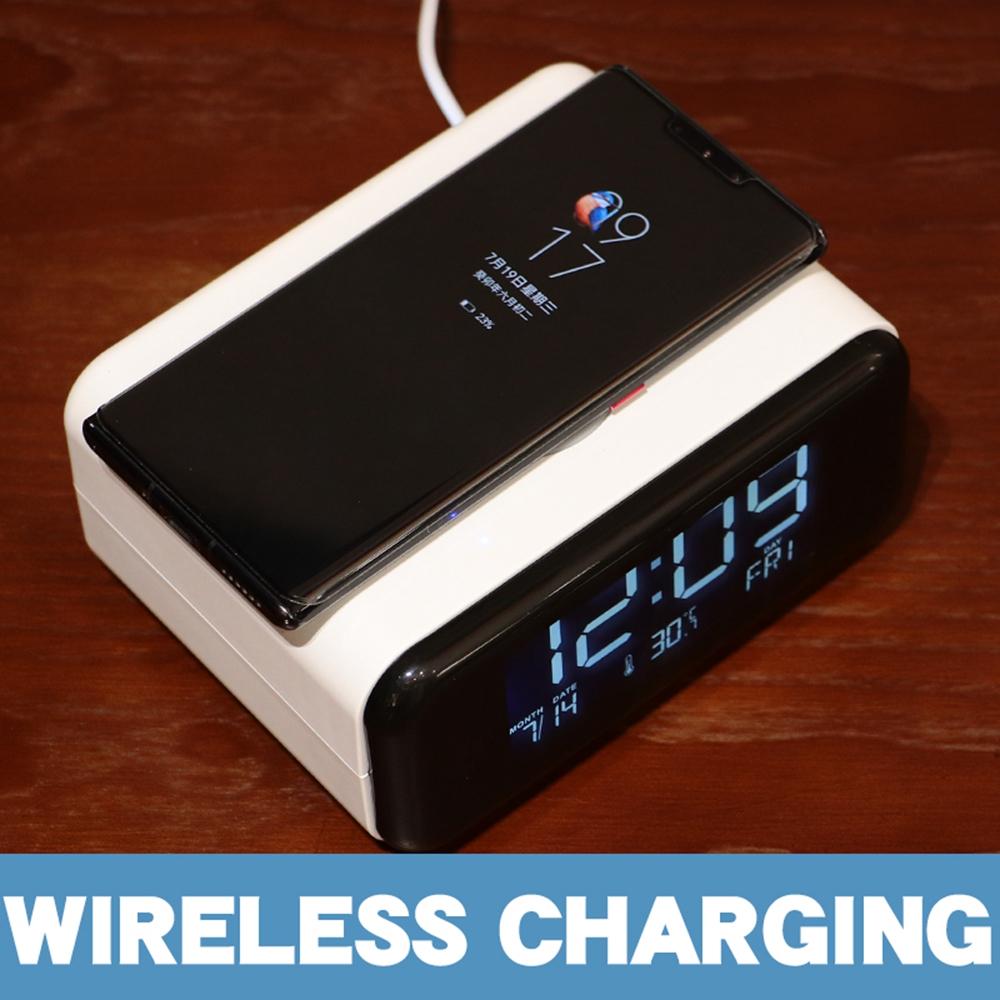 Lămpi de noapte Difuzor compatibil Bluetooth cu încărcare wireless de 15 W, Ceas cu alarmă cu afișaj mare