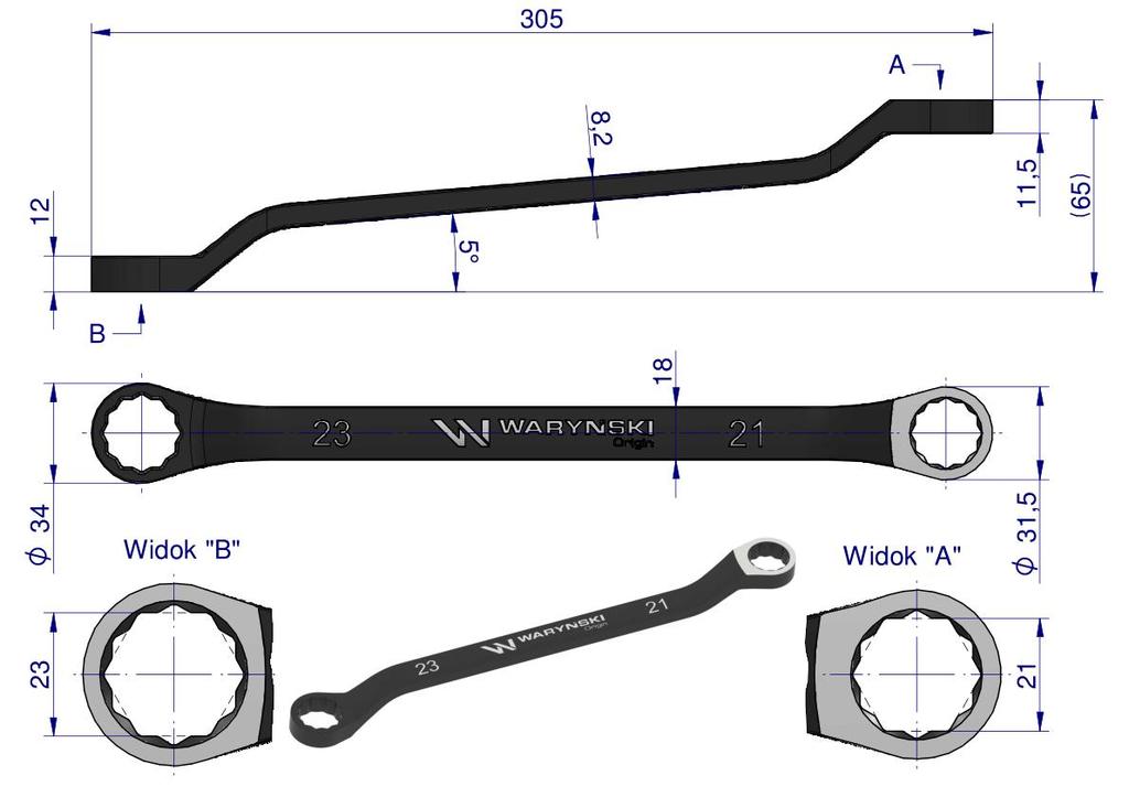Offset ring wrench 21 x 23 . CrV standard ASME B107.9 Waryński