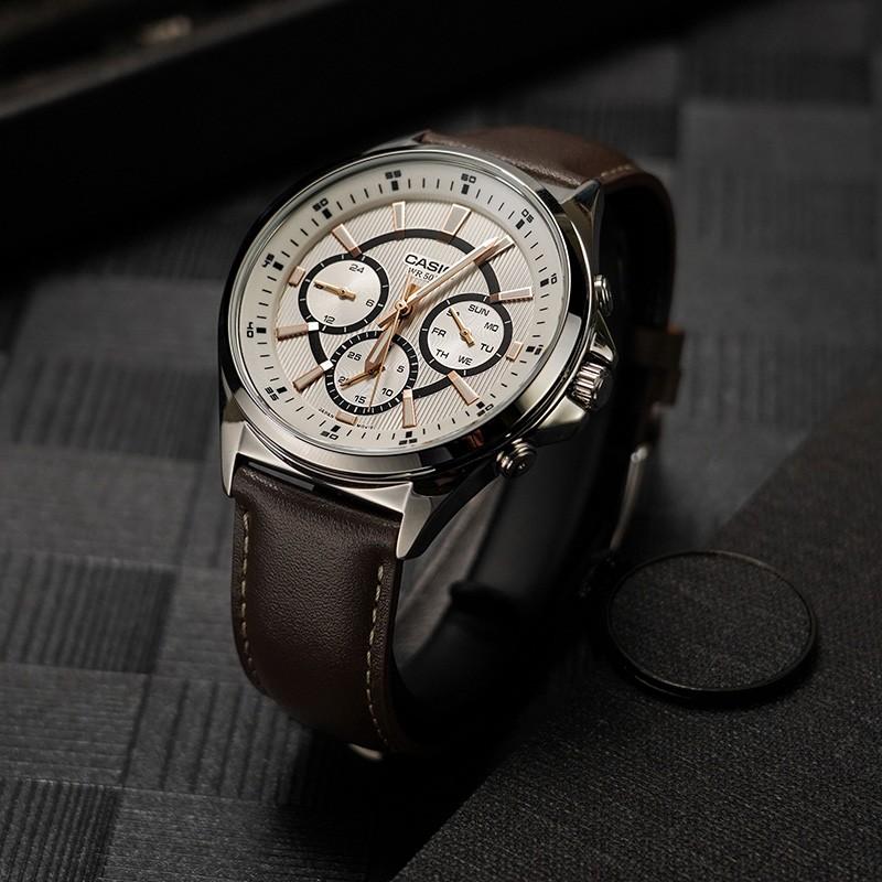 Casio STANDARD Series DRESS Series Waterproof Business Quartz Movement Leather Strap Japanese and Korean Watch Men's Watch White MTP-E303L-7AVDF