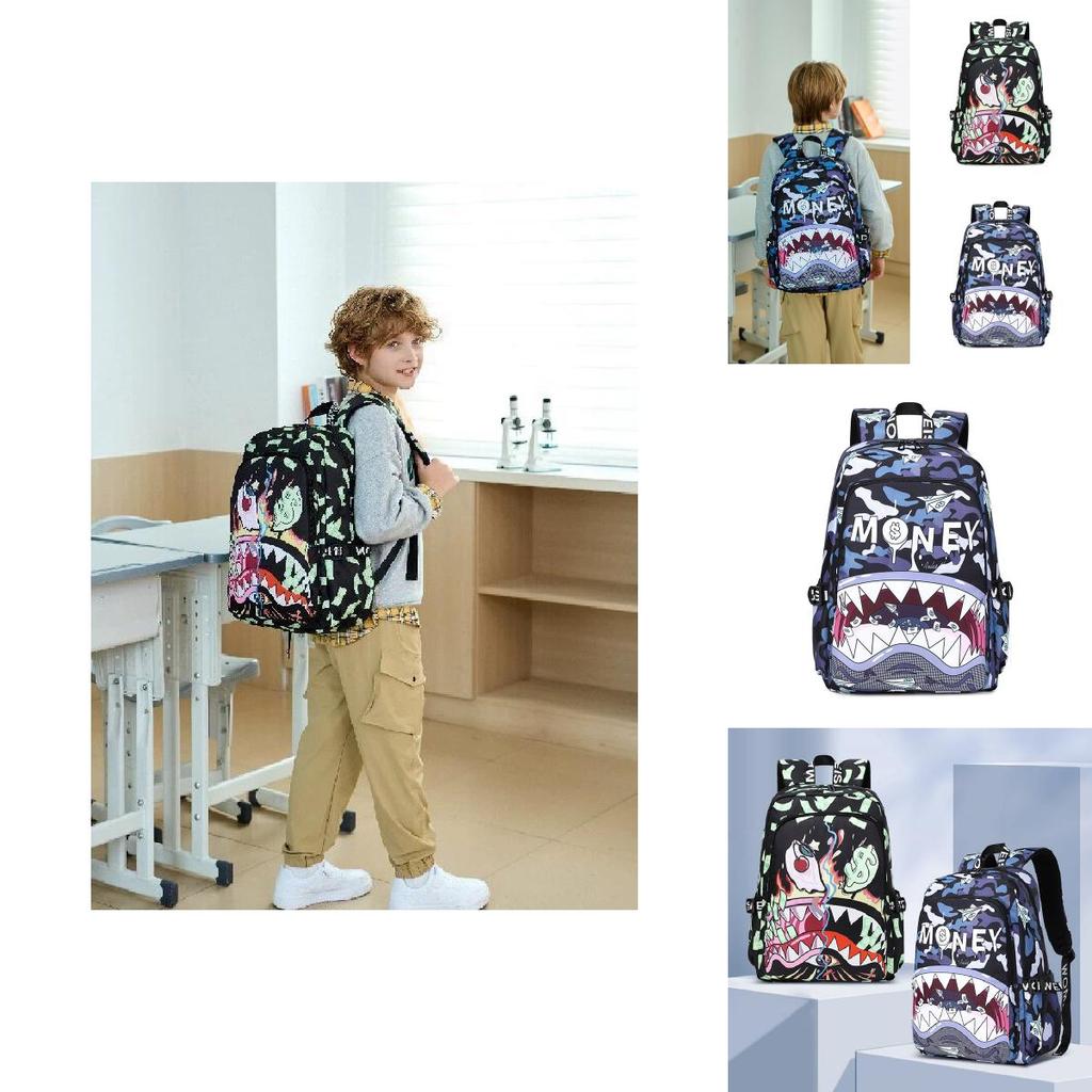 Kids Waterproof Nylon Backpack With Shark Print For Elementary School Use And Daily Carry