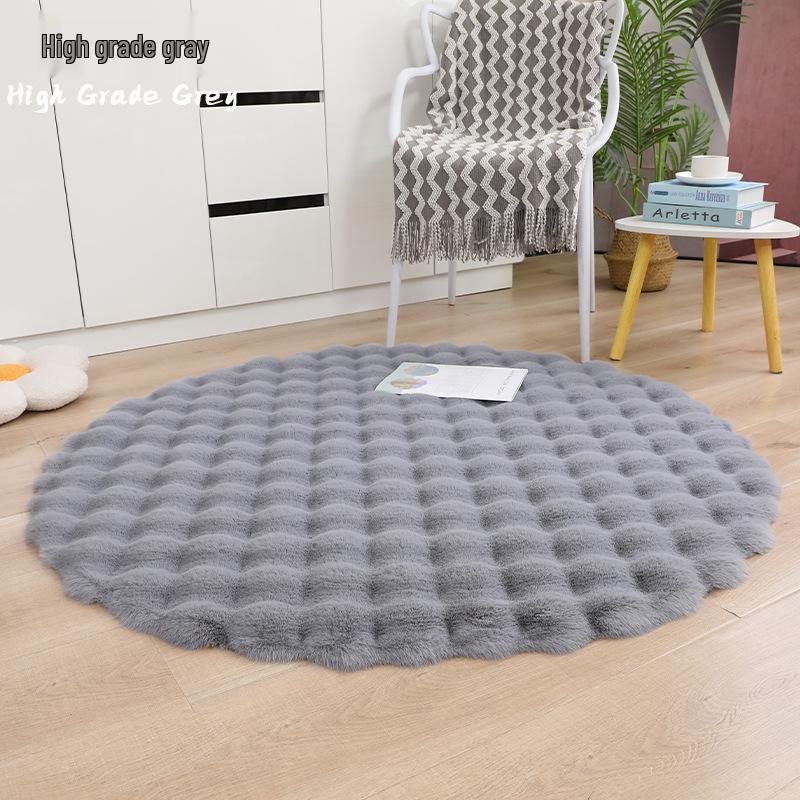 Cream Faux Rabbit Fur Round Rug - Bubble Fleece Bedroom Bedside Cushion Mat