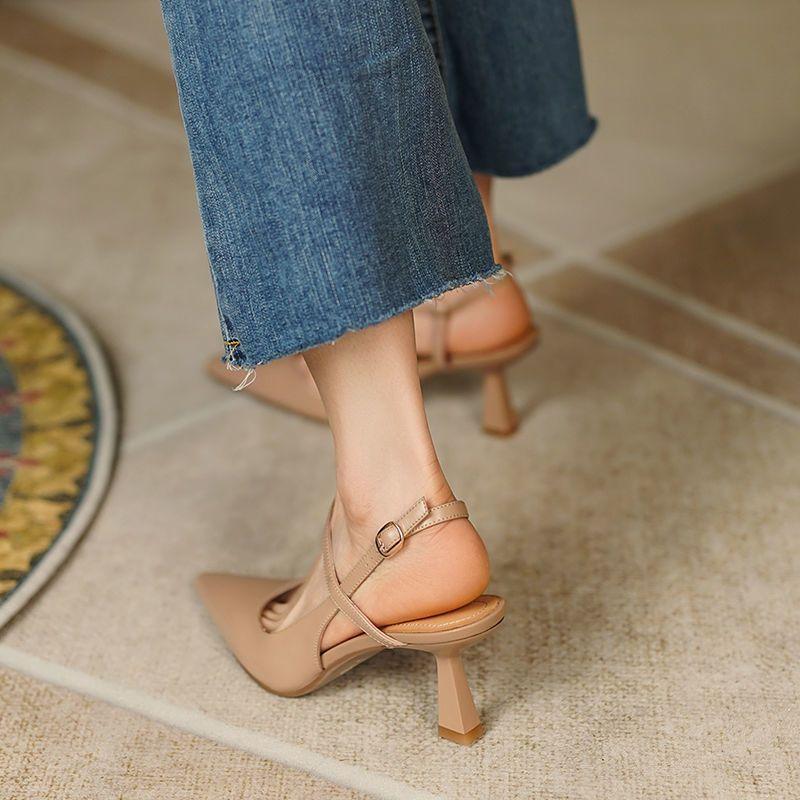 2024 Hot Sell New Pointy Shallow Mouth Thin Elegant Retro Flat Bun Head After Empty One Word Buckle Sandals Single Shoe Woman