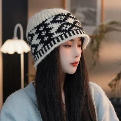Autumn and Winter New Style Retro Plaid Knitted Fisherman's Hat for Women Korean Version with Big Head Circumference and Face  Small Woolen Basin Hat