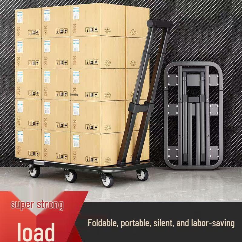 Four-Wheeled Silent Flatbed Hand Truck - Folding Trolley for Goods Transport