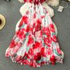 Summer Off Shoulder Gorgeous Flower Holiday Chiffon Dress Women Slash Neck Floral Print Elastic Waist Long Robes