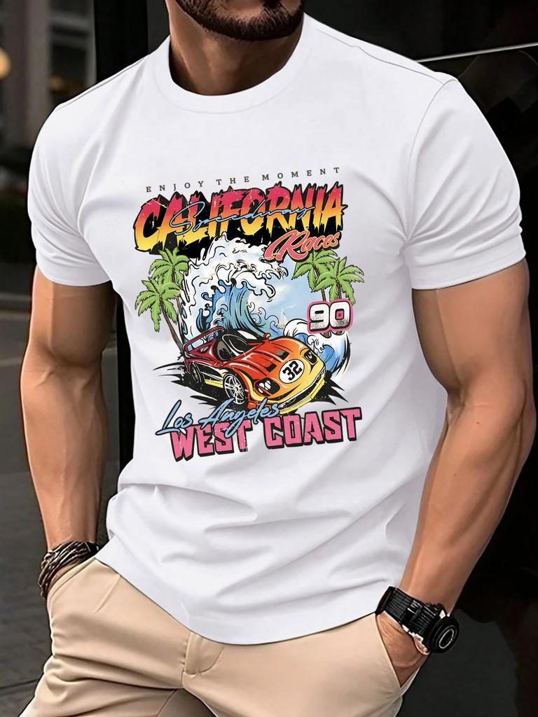 California West Coast Print Mens T Shirts Hip Hop AllMatch Tops Casual Cotton Vintage Clothes Male Loose Crewneck Streetwear