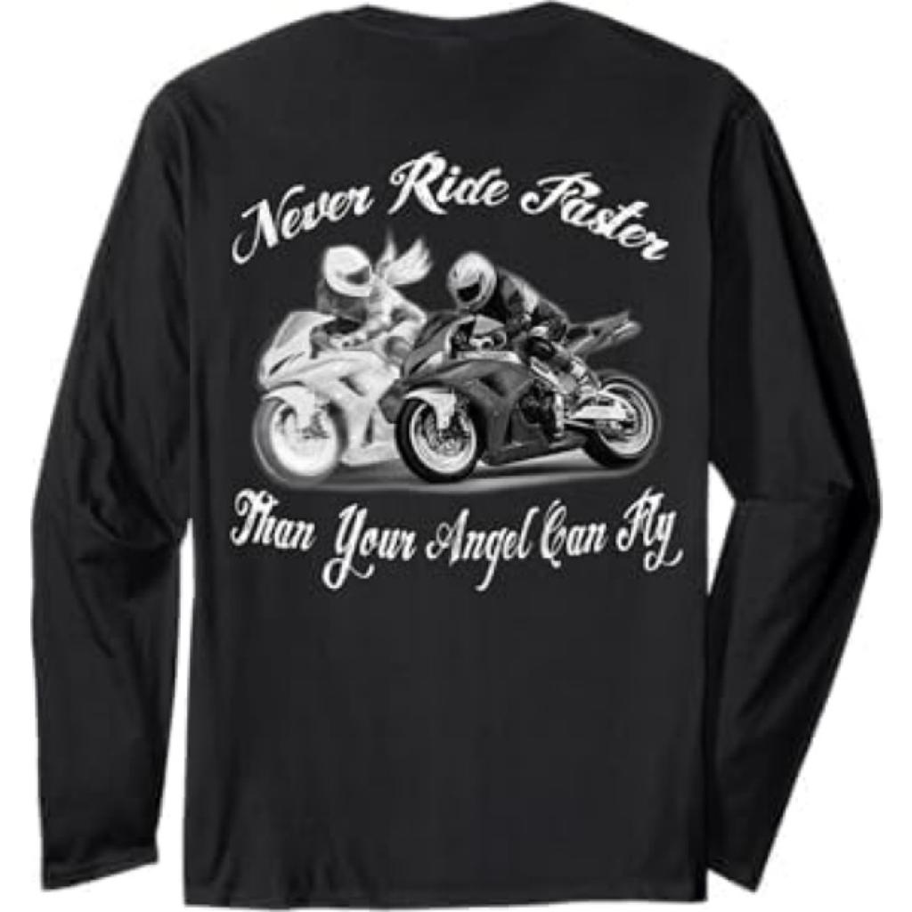 Non guidare mai più velocemente di quanto possa volare il tuo angelo - Maglietta a maniche lunghe per motociclisti AT1 Uomo Donna Canottiera Felpa con cappuccio Nero