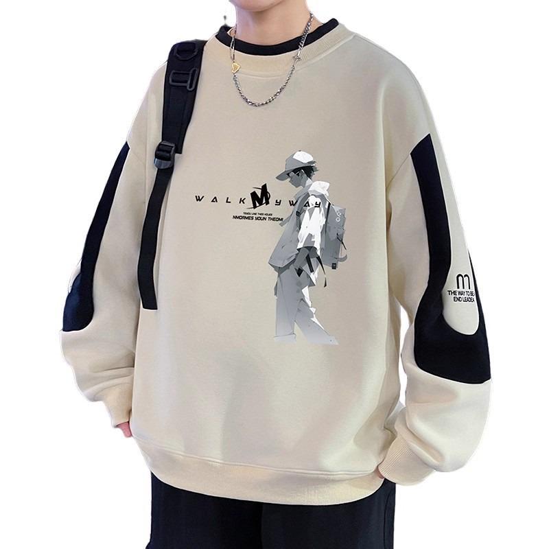 Men’s Trendy Colorblock Patchwork Hoodie – Spring/Autumn, Loose Fit, Plus Size, Round Neck, Long Sleeve Printed Top