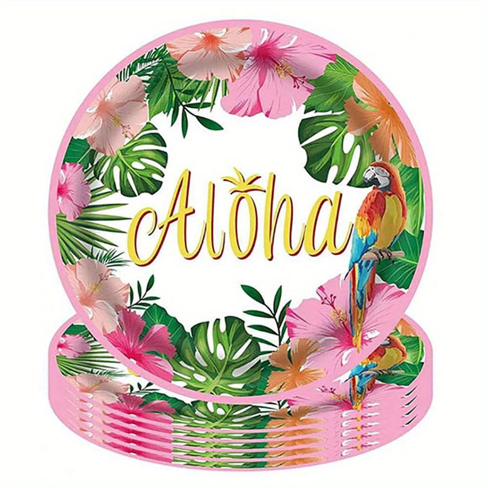 Pink Hawaiian Paper Cups Napkins Plates Tropical Luau Party Supplies Disposable Plates and Party Napkins Tropical Palm Leaf and Hibiscus Aloha