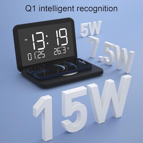 Réveil numérique à chargement sans fil confortable, horloge électronique miroir LED avec couvercle rabattable, charge rapide 15W, luminosité réglable, pour chambre à coucher (Bl