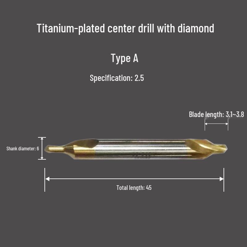 Cobalt-Coated Titanium Spiral Center Drill, Extended High-Speed Steel, Type A & B, Fully Ground Stainless Steel Locating Point