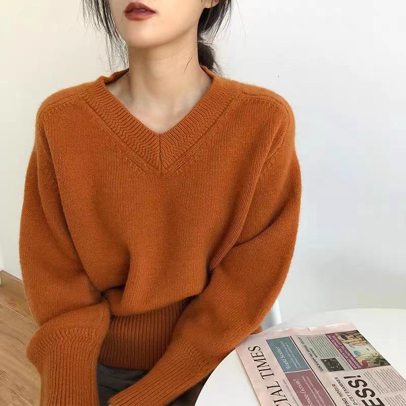 Sweater for Women Autumn Winter Thickened Warm Knitted Stretchy Long Sleeve V-neck Tops