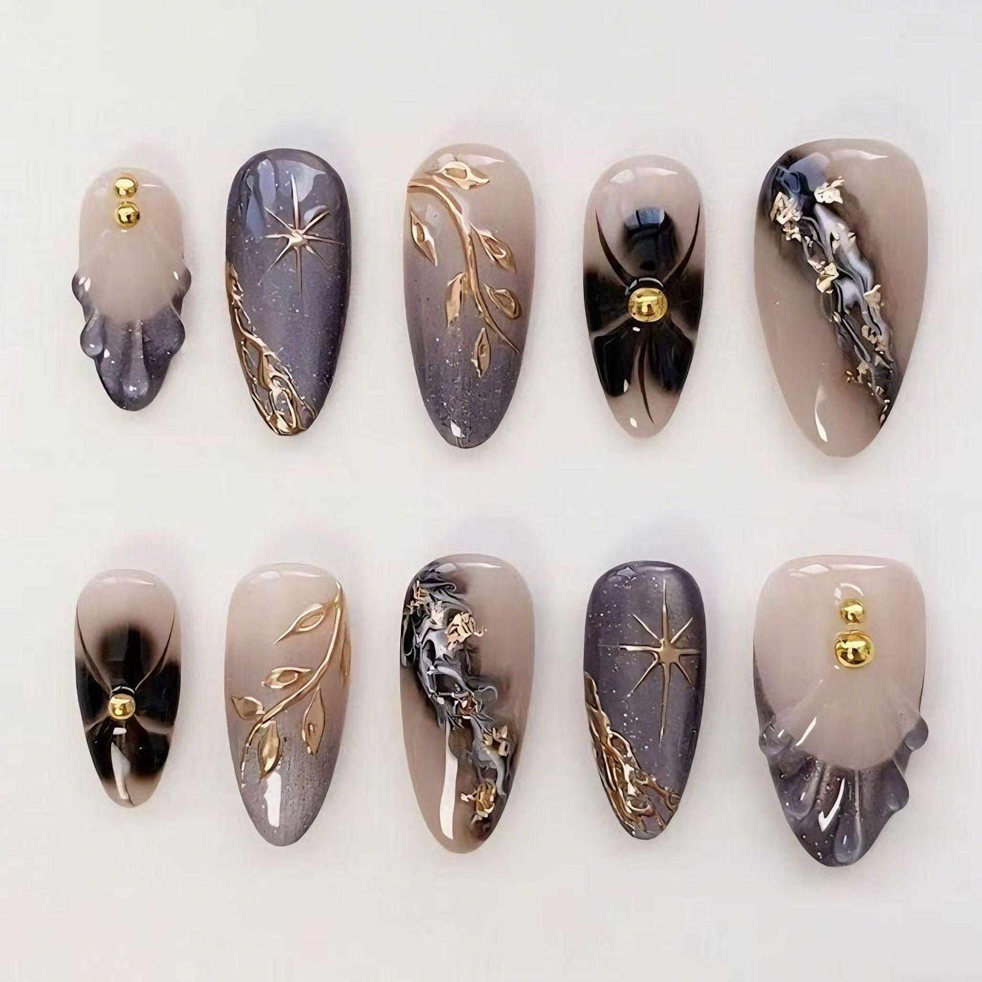 30-Piece Gold Foil Nail Art Tips with 3D Glue Drop Design – Leaf, Star, and Flower Rhinestone Almond Nails