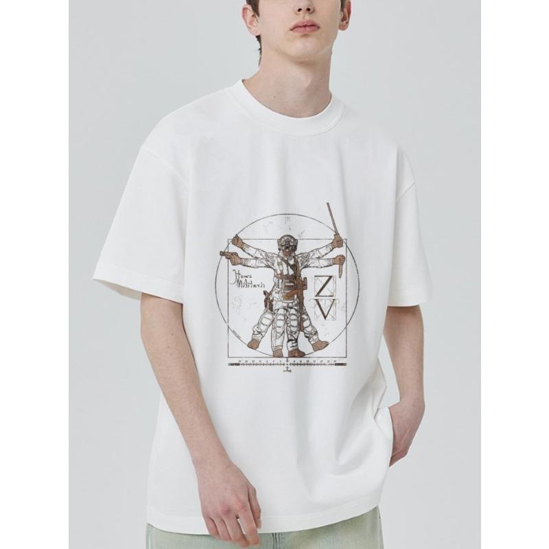 Men's Oversized T-Shirt White Vitruvian Warrior Design with Sword and Armor Graphic for Casual Streetwear Fashion