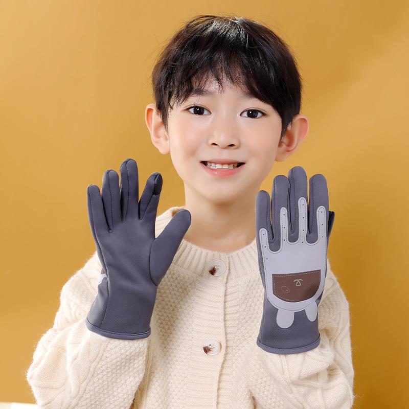Winter children's velvet thermal gloves Middle children's cartoon windproof waterproof outdoor sports 5-10 years old cycling gloves Y