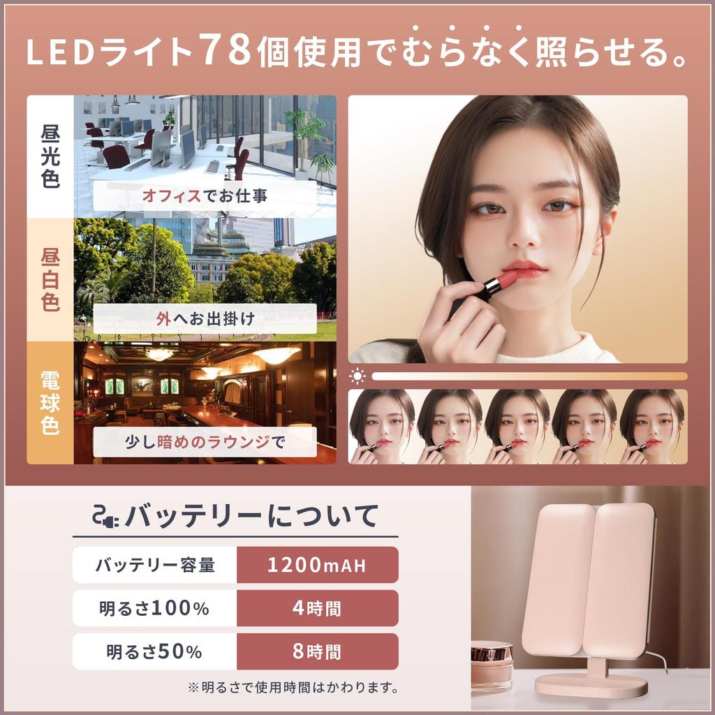 SakuraLovely8 Actress Mirror with and 10x LED 3 Color Continuously Dimmable Slightly Foldable Tabletop Makeup USB 78 LED Adjustable Cute Design