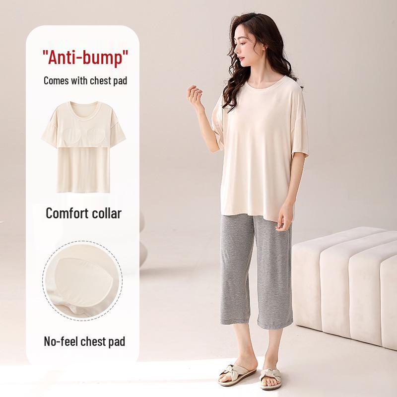Women's Modal Pajama Set: Chest-Padded Short Sleeve Top with Loose 7/10 Pants for a Cool Summer Sleep