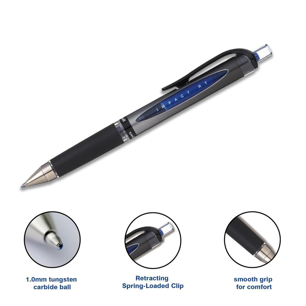 Uni-ball UMN-152S Gel Impact RT Retractable Rollerball Pen, 1.0mm Tip, Smooth Writing, Pack of 3, Blue Ink for School & Office