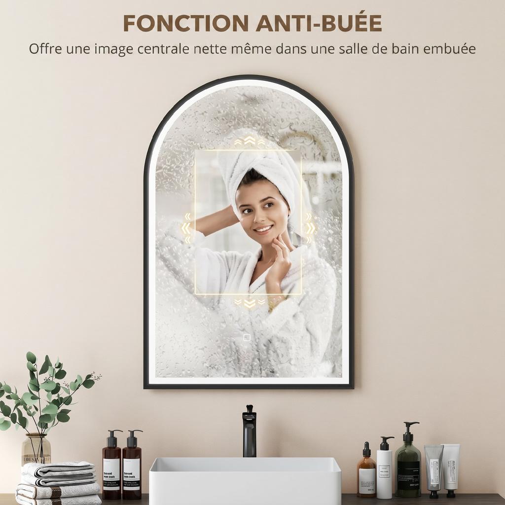Bathroom Mirror with Lighting, 60 x 90 cm, Arched LED, Anti-Fog, 3 Light Colors, Dimmable, Black