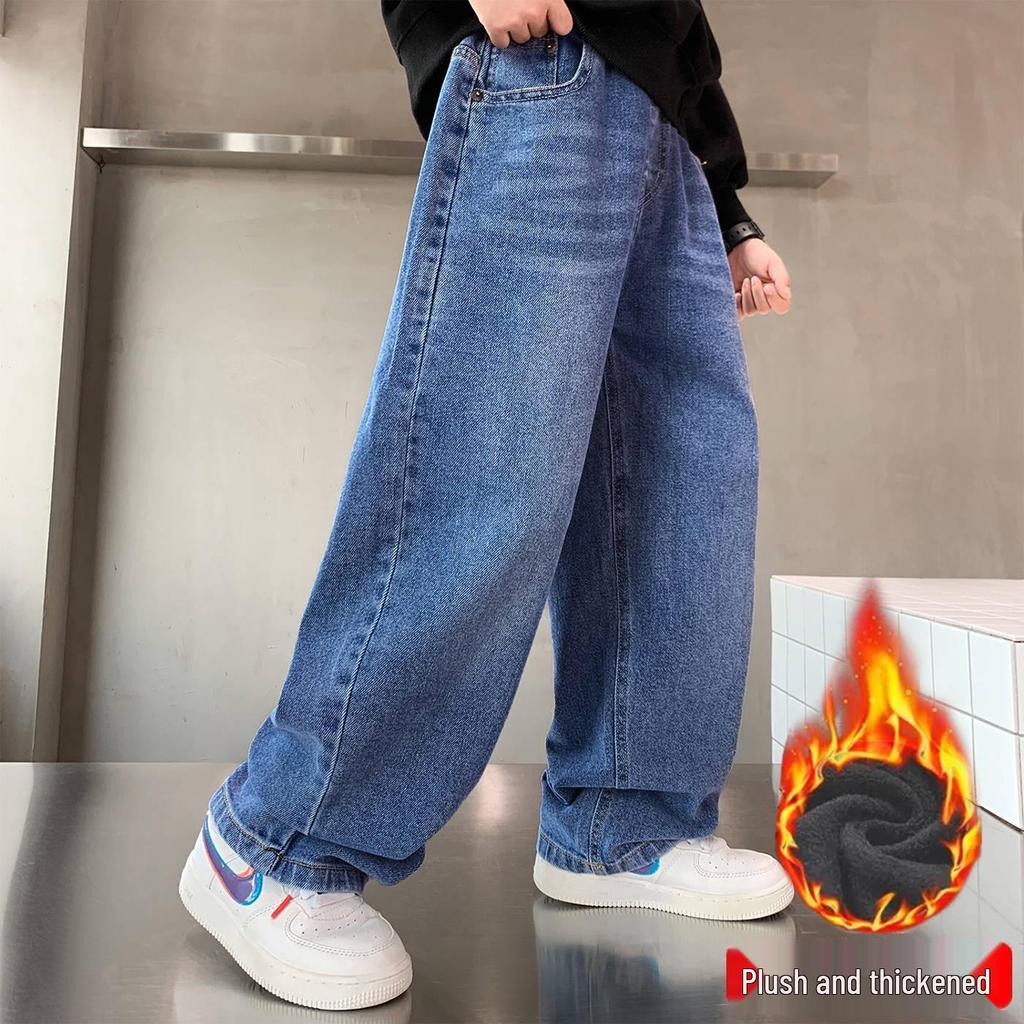 Boys' 2025 Fleece-Lined Loose Jeans - Trendy Autumn/Winter Pants for Big Boys