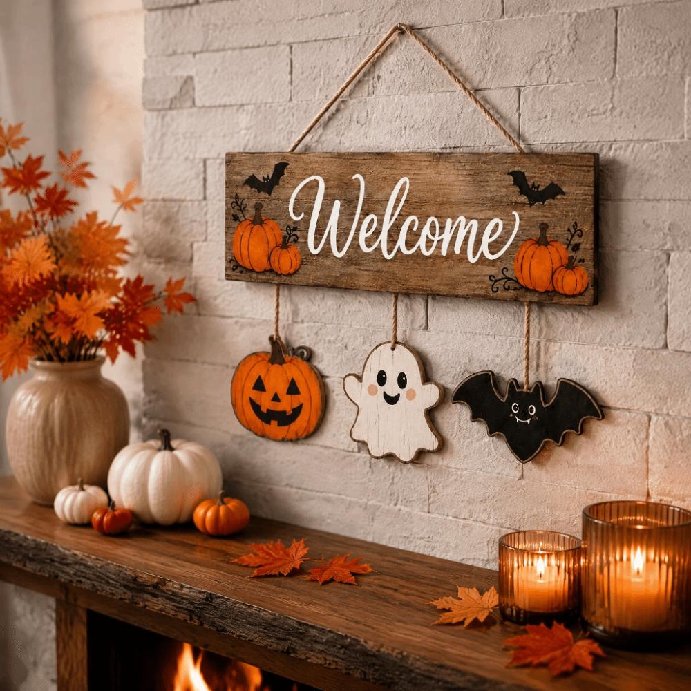2D Plochá Dýně Duch Netopýr Dřevěná Deska Vintage Halloweenská Nástěnná Dveřní Závěsná Halloweenská Párty