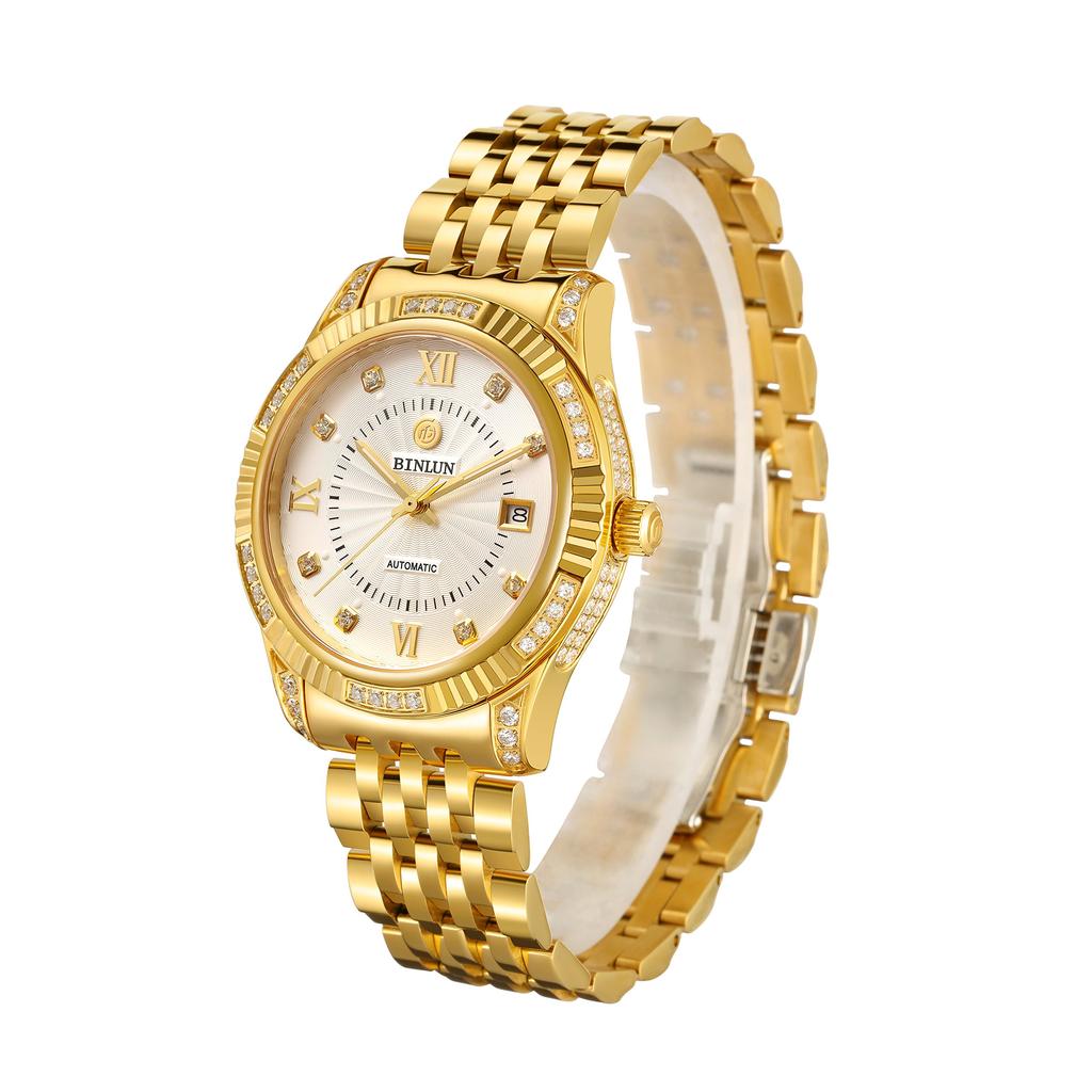 BINLUN Automatic Mechanical Watch with Luminous Date Luxury and Stylish Men's Display, Display, Diamond-Set Watch, Simple, Elegant, (Gold)