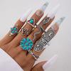 Ethnic style vintage turquoise carved feather ring fashion personality 8-piece combination ring set