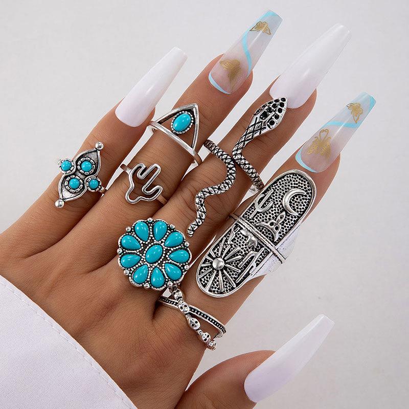 Ethnic style vintage turquoise carved feather ring fashion personality 8-piece combination ring set