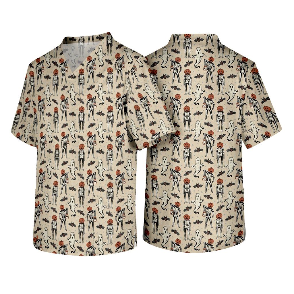 Men's Halloween Print V Neck Medical Scrub Top with Chest Pocket Short Sleeve Lightweight Comfortable Work Shirt for Healthcare Professionals