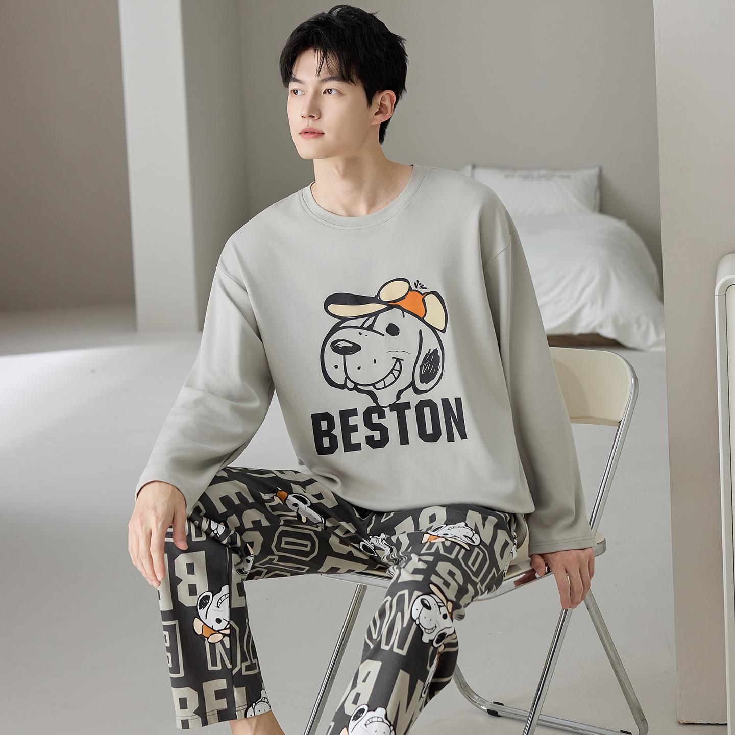 

Men s Pure Cotton Long Sleeve Pajamas: 2025 New Plus Size Cartoon Homewear Set for Autumn & Spring XXXL