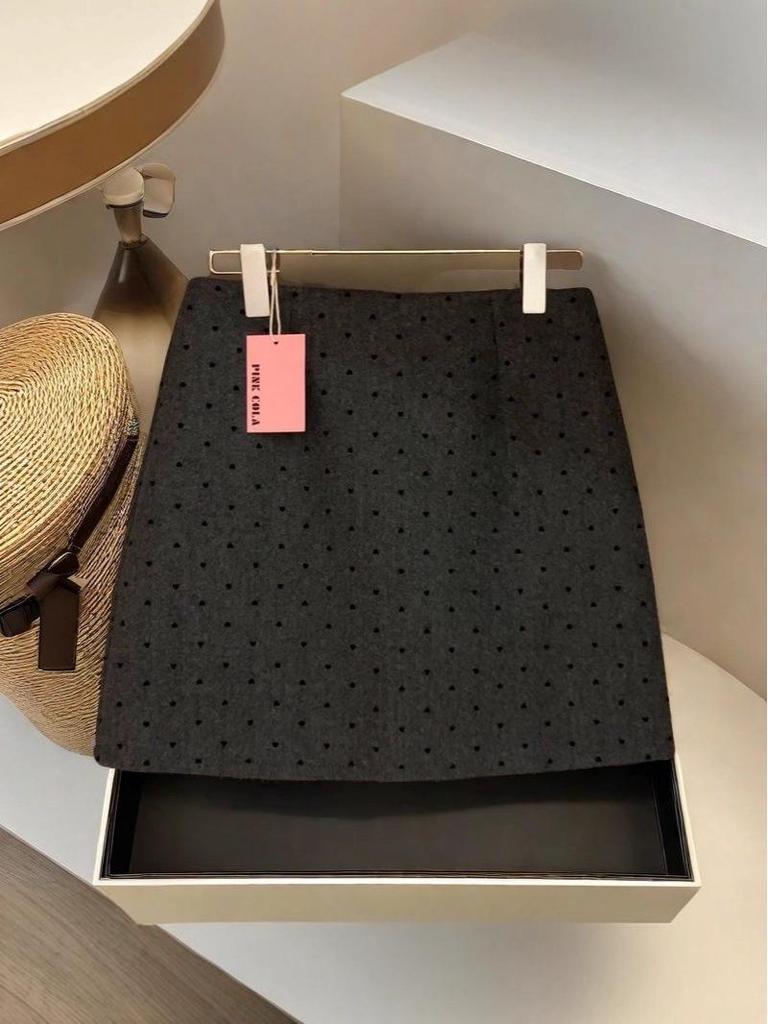 Dark Gray Polka Dot Wool A-Line Skirt - Petite Slim High-Waisted, perfect for Autumn and Winter