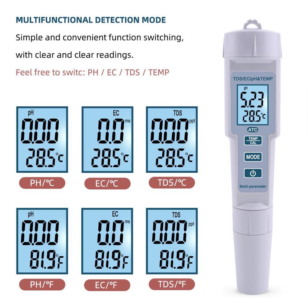 Digital PH Meter Tester 4 in 1 TDS EC Temp High Accuracy Pen Type Tester Water Quality Tester Fit for Pools Lab Drinking