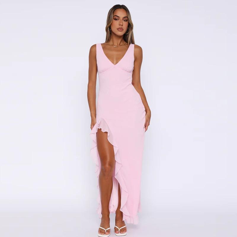 Women's Pink Ruffled Maxi Dress V Neck Sleeveless Long Summer Dress Backless Elegant Beach Party Dress