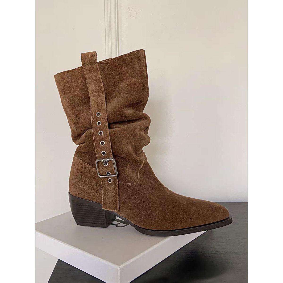 

Ретро остроносые ботильоны на толстом каблуке женские рыцарские сапоги 2025 осень и зима новые сапоги-чулки на одном педале западные сапоги сапоги со сборкой 40