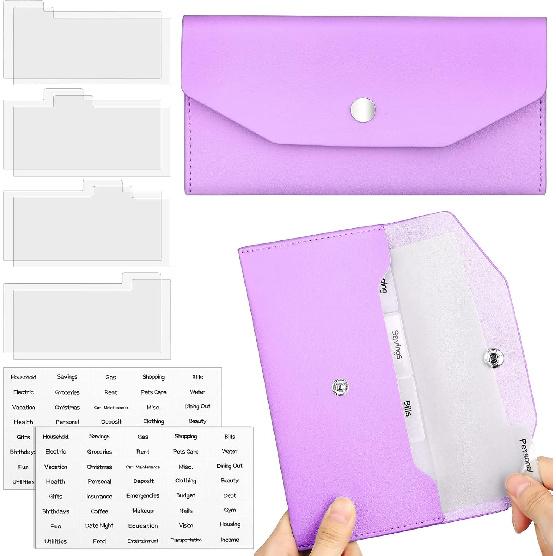 Frienda 1 Cash Envelope Wallet PU Leather Reble Budget Envelope 8 Cash Dividers 2 Sheets Category Sticker Labels for Wallets Bill Planner(Black