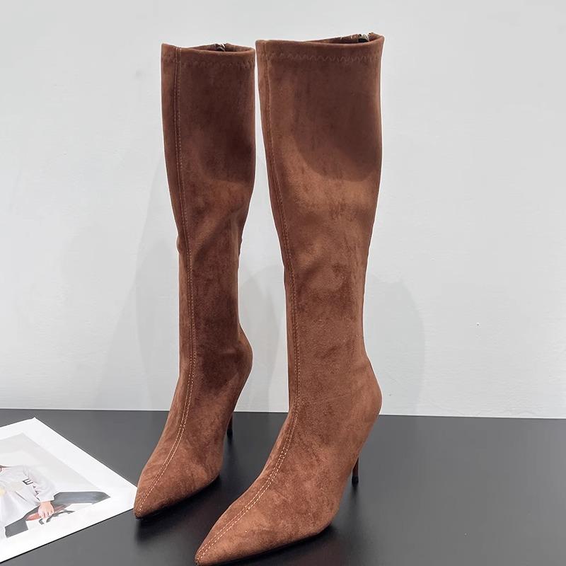 Pointed Maillard Thin Heel High Boots Women's 2025 Autumn and Winter New Zipper Boots Versatile Suede High Heel Boots