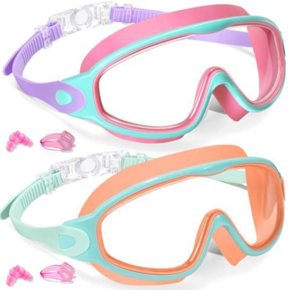 2 Pack Attached Earplugs Kids Swim Goggles Adjustable Comfortable Anti Fog Goggles Anti-UV with Nose Clip Waterproof Goggles