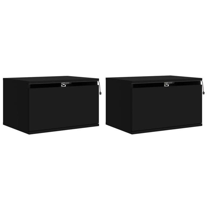 VidaXL Tables de Chevet Murales avec Lumières LED 2 pcs, Armoires de Nuit, Tables de Nuit Chambre, Moderne, Noir Bois 836829