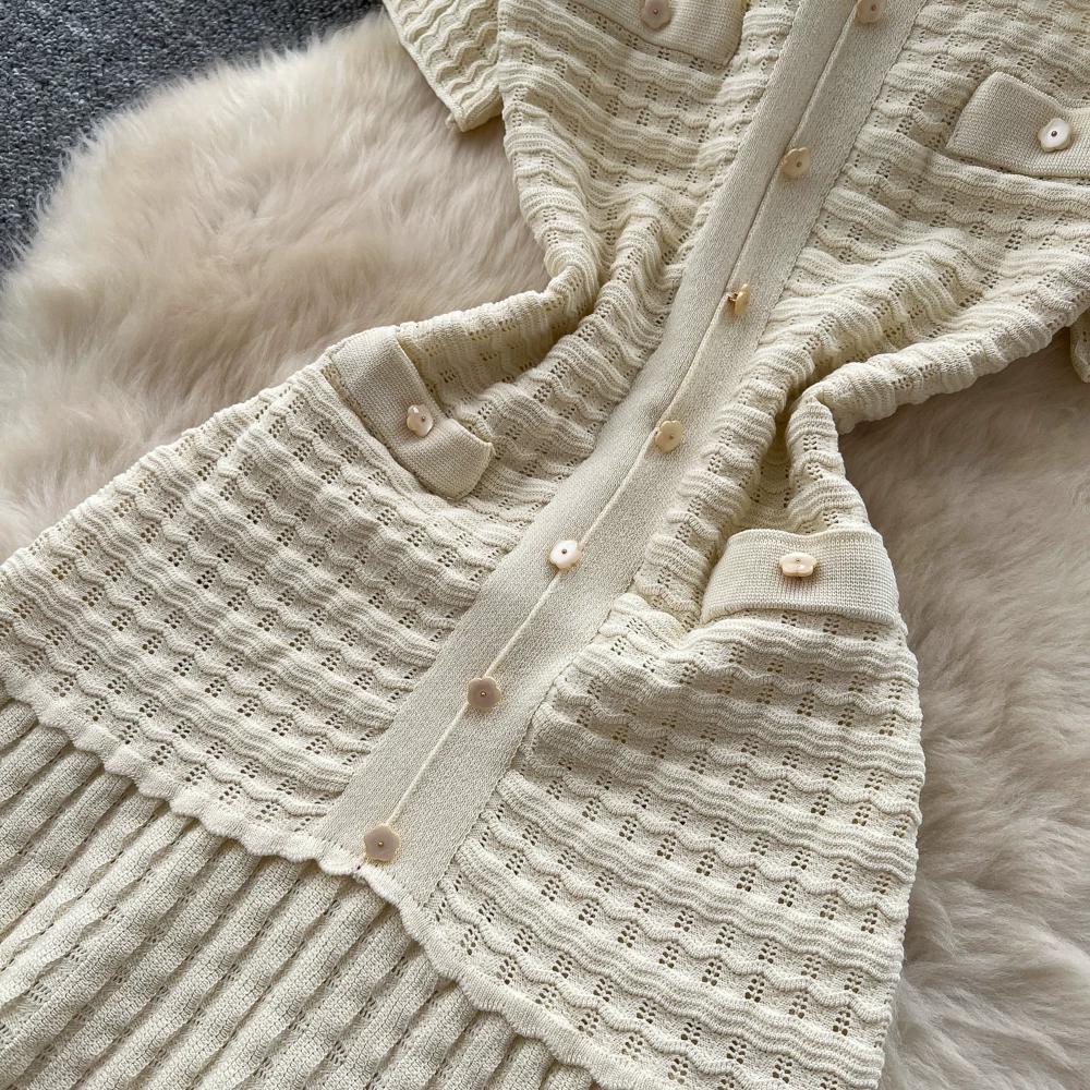 Summer Autumn Knitted Sweater Dress for Women Fashion Short Sleeve Single-breasted Hollow Out Elastic Simple Prom Dresses