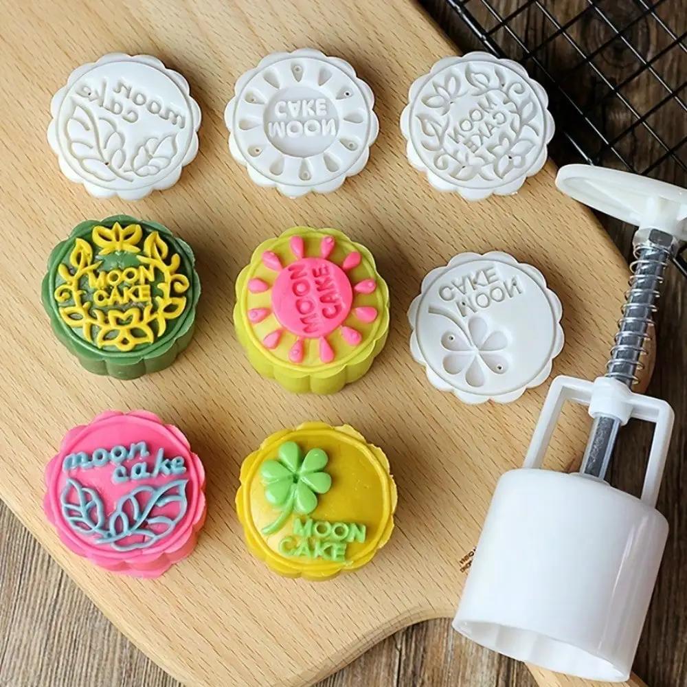4Pcs/Set Mooncake Mold Cherry Blossom Flowers Letter Pattern Stamps Hand Press Mold Plungers Pastry Tools Mid-autumn Festival