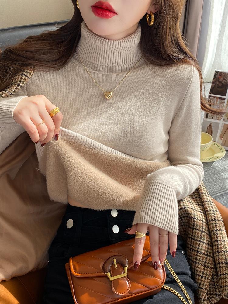 Turtleneck sweater women's fleece thickened autumn and winter new integrated mink fleece inner top bottoming shirt women's winter thick
