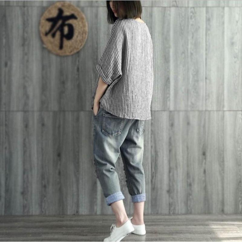 Damski bawełniany top w paski na lato, koszulka codzienna na jesień i zimę