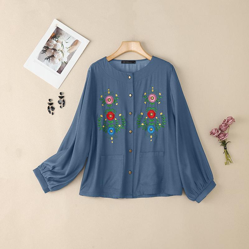 

ZANZEA Женская повседневная блузка свободного кроя с длинным рукавом и цветочной вышивкой 5XL синий