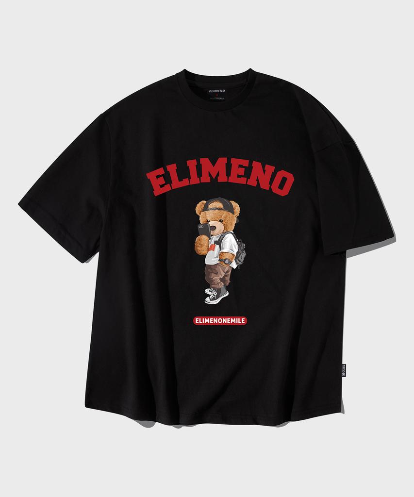 ELIMENO El Selfie Bear Artwork Oversized Short Sleeve T-Shirt Black